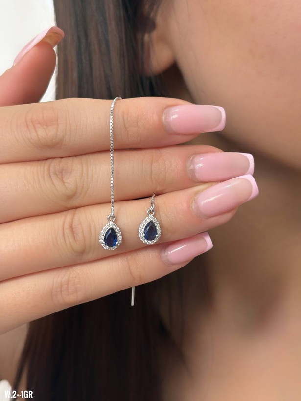 گوشواره نقره بخیه ای یاقوت کبود با عیار 925