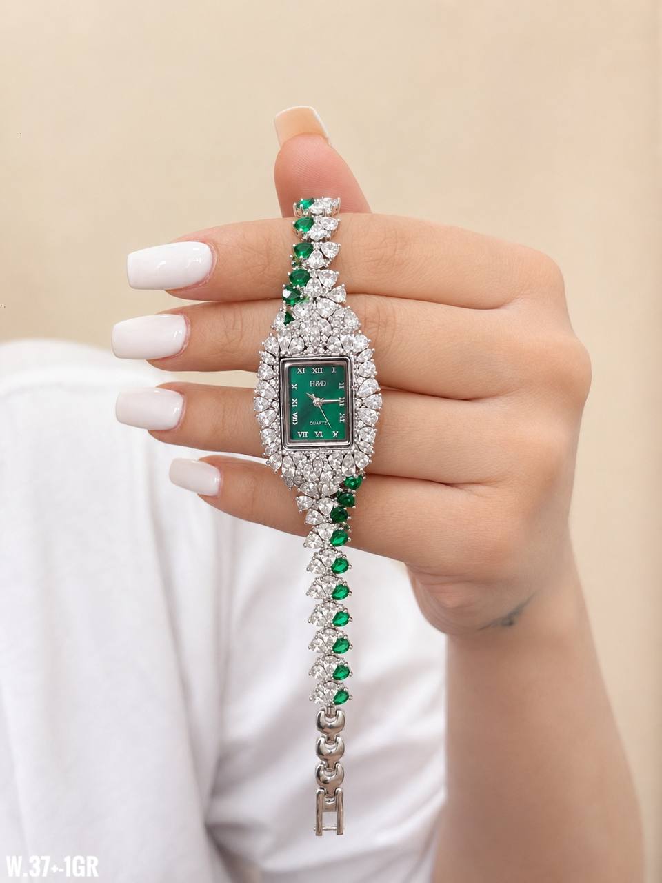ساعت نقره جواهری با صفحه سبز  با عیار 925